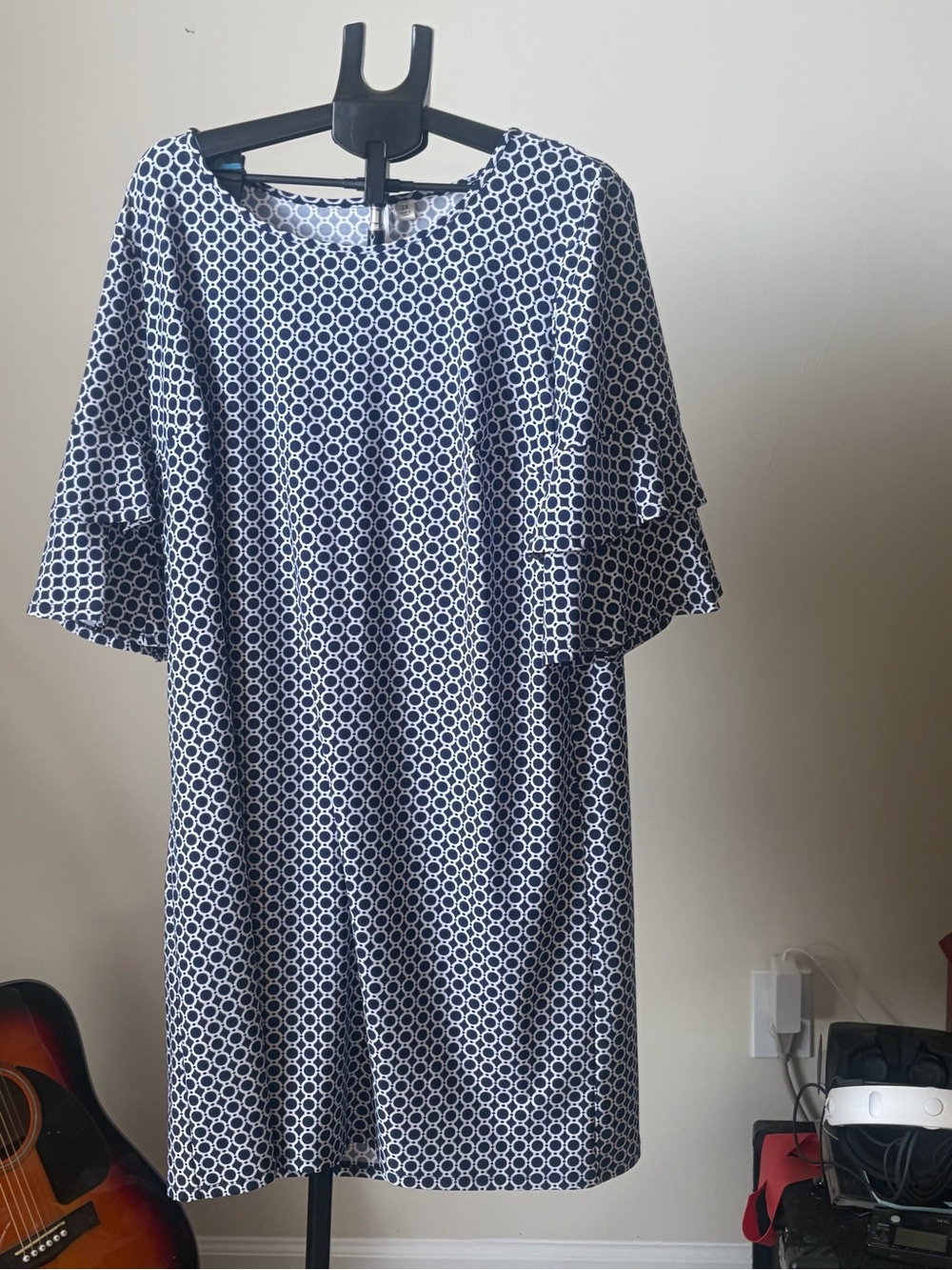 Taccera Navy White Circle Print Shift Dress Ruffle Sleeve 2X